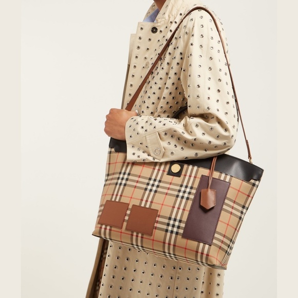 Burberry Society Check Leather Canvas Tote Large Hand Bag Nova Check Patchwork - Picture 2 of 12
